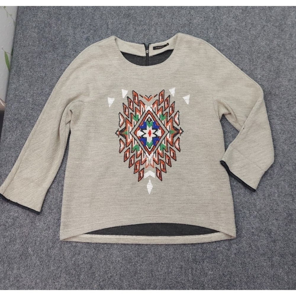 Colorblock Aztec Sweater Womens M/L‎ Tan Colorful Beaded Geometric Zip Back